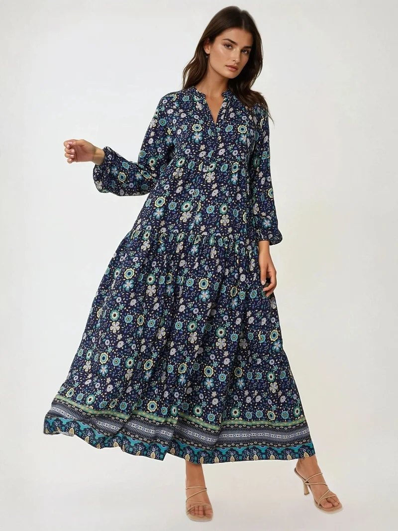هيكاب Printed V-Neck Maxi Dress with Buttons